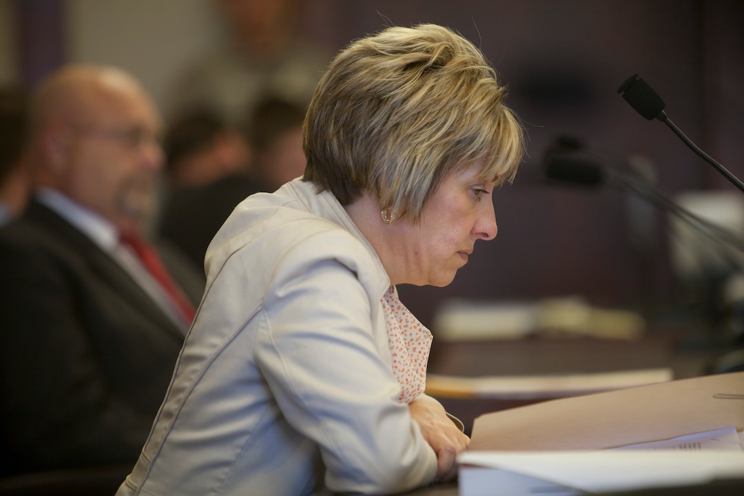 (Chris Caldwell  |  Pool Photo)  Deputy County Attorney Angela Adams during the detention hearing and the initial appearance for the 16-year-old boy accused of bringing a bomb to Pine View High School. Wednesday, March 28, 2018.