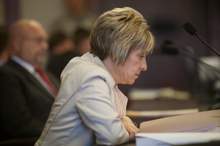 (Chris Caldwell  |  Pool Photo)  Deputy County Attorney Angela Adams during the detention hearing and the initial appearance for the 16-year-old boy accused of bringing a bomb to Pine View High School. Wednesday, March 28, 2018.