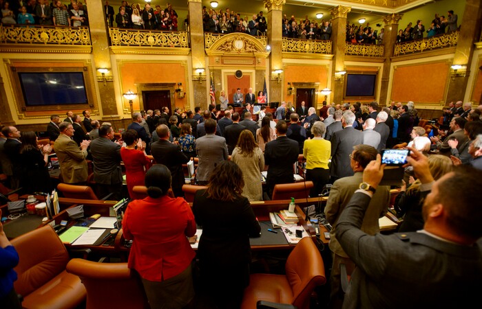 (Steve Griffin  |  The Salt Lake Tribune) Gov. Gary Herbert is applauded as he arrives at the Utah House of Representatives for his State of the State address in Salt Lake City Wednesday January 24, 2018.