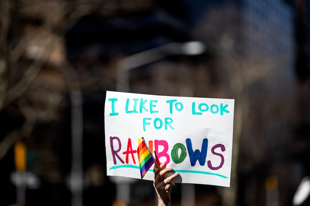 (Demetrius Freeman | Special to The Tribune) Current and former members of The Church of Jesus Christ of Latter-day Saints, the LGBTQ+ community and supporters protest at Lincoln Square across from the LDS temple in Manhattan on Saturday, March 7, 2020. A recent survey shows more than a fifth of Gen Z Latter-day Saints identify as lesbian, gay, bisexual or other.