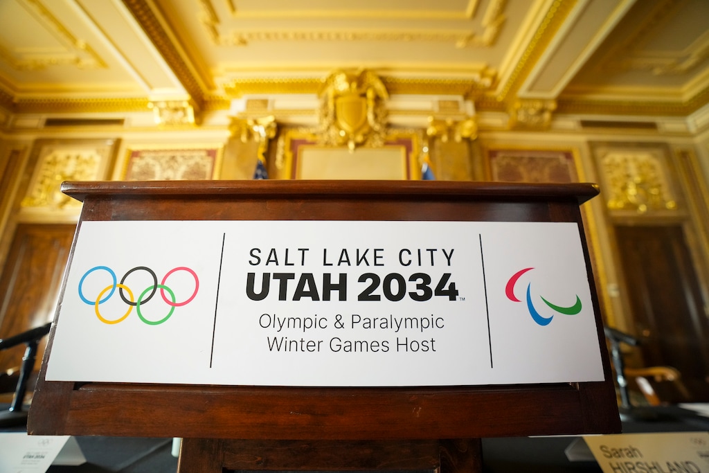 (Bethany Baker | The Salt Lake Tribune) State officials announce the formation of the organizing committee for the 2034 Olympics and Paralympics during a news conference at the Utah Capitol in Salt Lake City on Friday, Feb. 14, 2025.