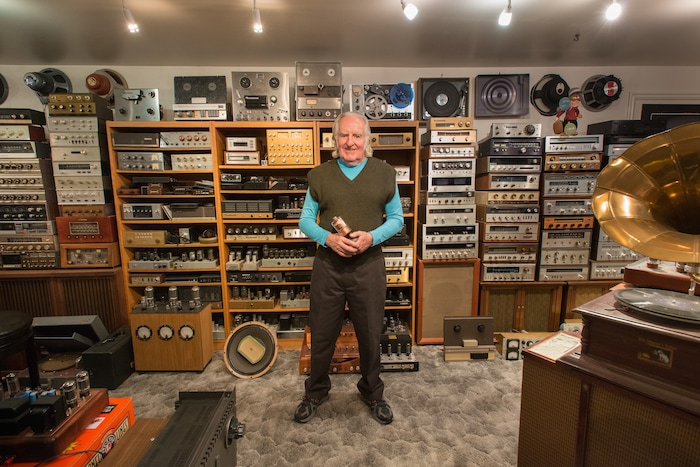 (Mark Maziarz | maziarz.com) Jim Fosgate, audio industry legend and inventor of the first car amplifier, stands in front of his collection of audio equipment in his home in Heber, Utah, in 2013. Fosgate died Dec. 7, 2022, at age 85.