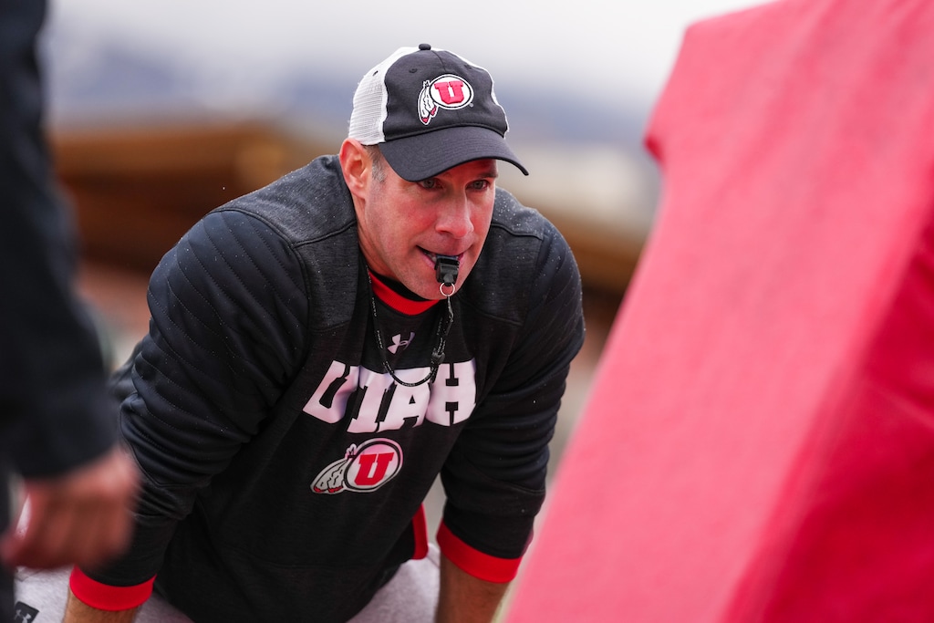(Eli Rehmer | Utah Athletics) Defensive coordinator Morgan Scalley participates in Utah football practice Tuesday, March 12, 2024.