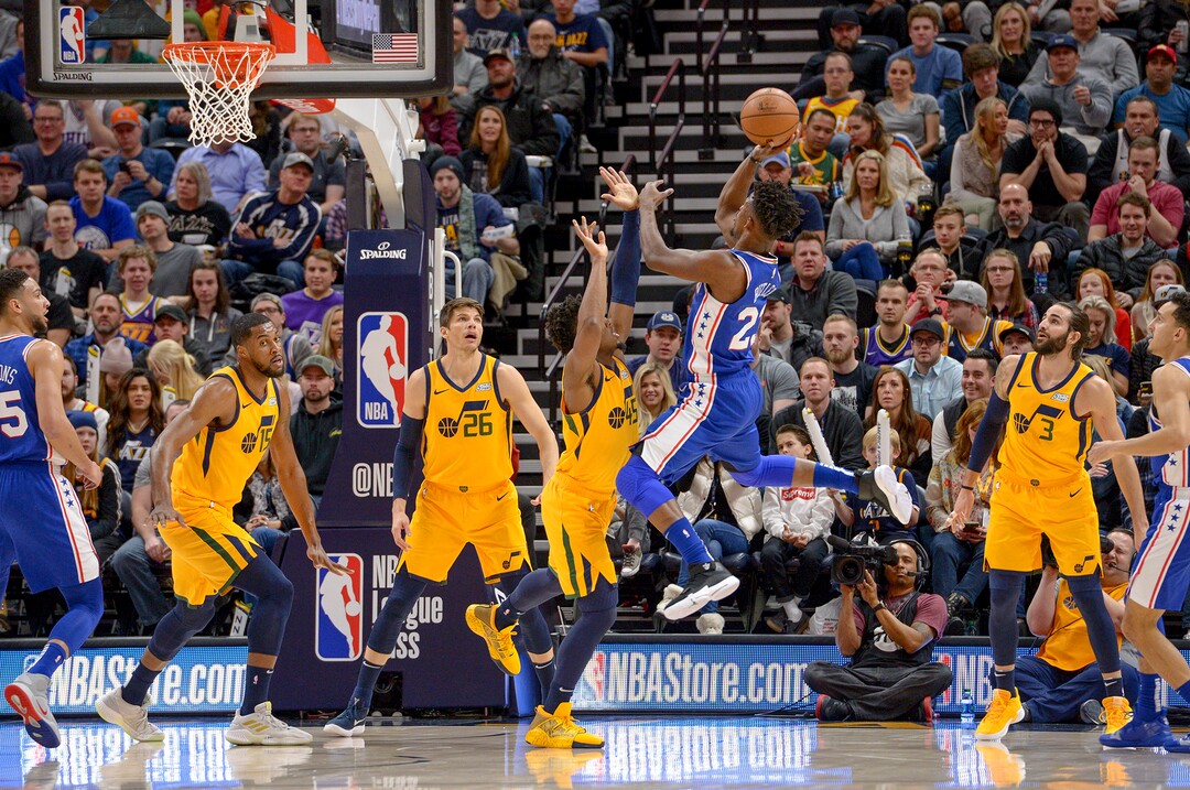 Leah Hogsten  |  The Salt Lake Tribune  Philadelphia 76ers guard Jimmy Butler (23) shoots past the Utah Jazz as the  Jazz host the Philadelphia 76ers at Vivint Smart Home Arena, Thursday, December 27, 2018. 