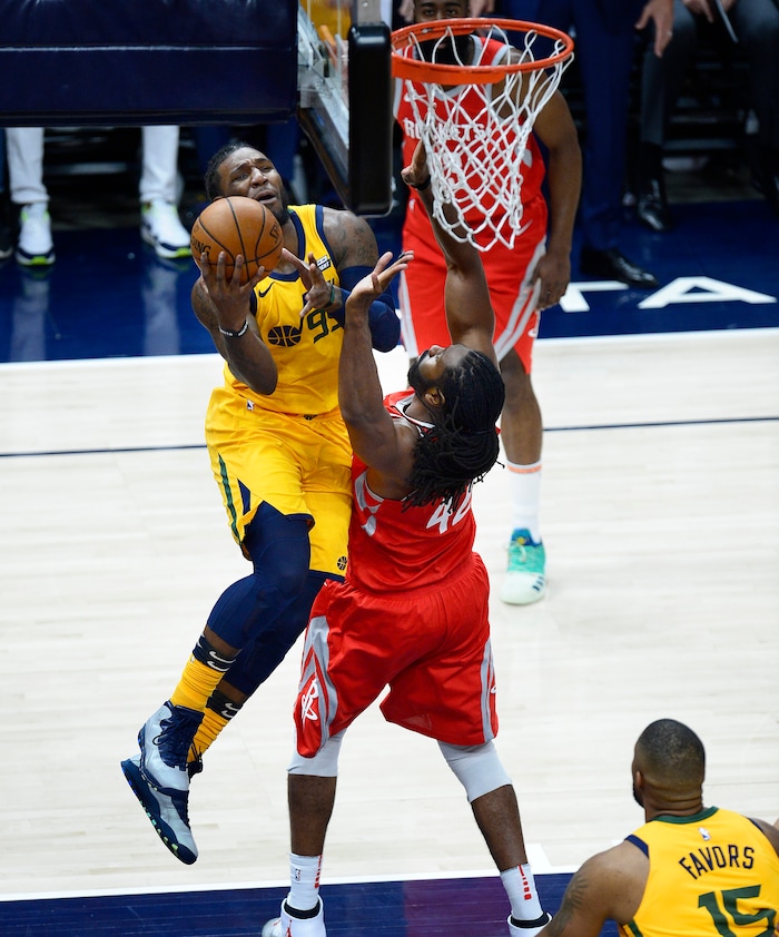 (Scott Sommerdorf | The Salt Lake Tribune)
Utah Jazz forward Jae Crowder (99) muscles in for a layup against Houston Rockets center Nene Hilario (42) during first half play. The Rockets led the Jazz 58-48 at the half, Sunday, May 6, 2018.
