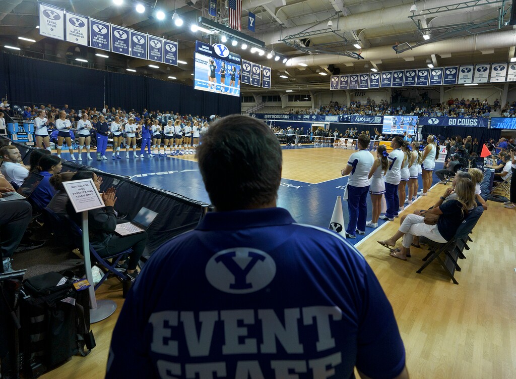 (Leah Hogsten | The Salt Lake Tribune) Fans file into the George Albert Smith Fieldhouse in Provo for the volleyball match at Brigham Young University on Thursday, Sept. 1, 2022. The mother of the fan previously banned by BYU and accused of yelling racial slurs at a Duke player — though he was later found innocent — is speaking out.