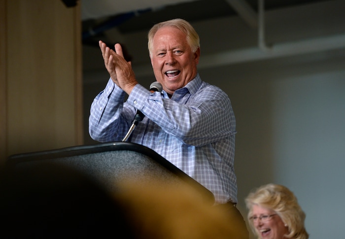 (Scott Sommerdorf | The Salt Lake Tribune)
RSL owner Dell Loy Hansen got the enthusiasm rolling as he addresses the students in the new Academy's opening week., Thursday, August 23, 2017.