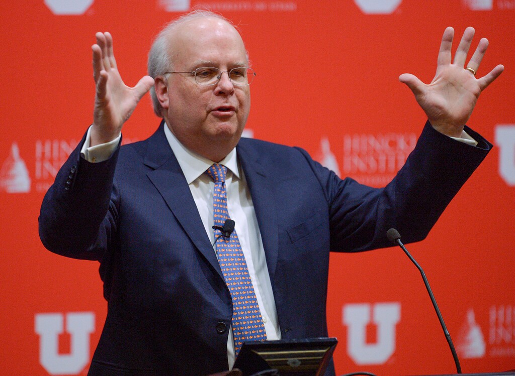 (Leah Hogsten | The Salt Lake Tribune) "We'll be broken for a while," said Karl Rove to the crowd at Utah's Hinckley Institute of Politics. "We're going to stumble along and people are going to try to get done what they can get done." He delivered his speech, "If You Think It's Bad Now, Think Again," on Thursday, February 8, 2018. Rove mostly told history stories about President William McKinley to tout his book, "The Triumph of William McKinley: Why the Election of 1896 Still Matters."