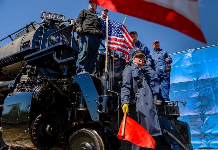 Leah Hogsten  |  The Salt Lake Tribune  Big Boy No. 4014 crew including Jim Leonard, Jimmy Thompson, Ed Dickins, Bruce Kirk and Austin Barker pose for pictures after arriving in Ogden Thursday. In celebration for the 150th anniversary of the transcontinental railroadÕs completion, Union Pacific's iconic steam locomotives, Living Legend No. 844 and Big Boy No. 4014 met at Ogden Union Station, May 9, 2019.