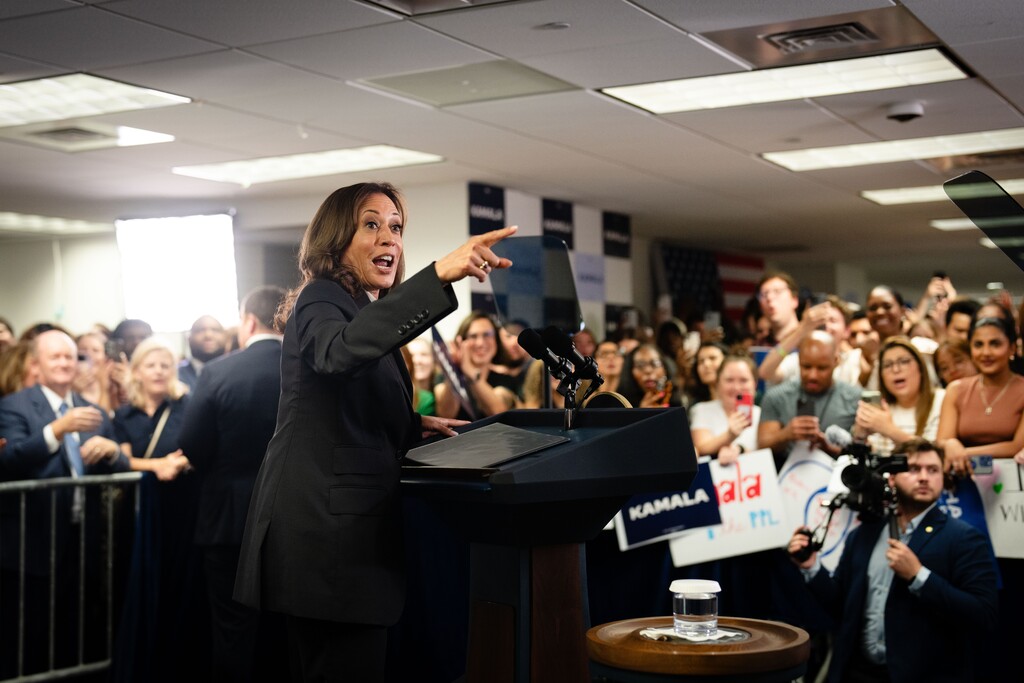 (Erin Schaff | The New York Times) Vice President Kamala Harris, a candidate for the Democratic presidential nomination, speaks while visiting her presidential campaign headquarters in Wilmington, Del., on Monday, July 22, 2024.