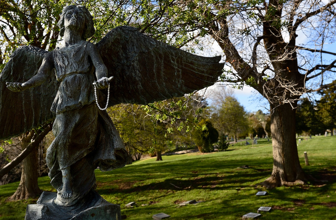 (Scott Sommerdorf | The Salt Lake Tribune)The Christmas Box Angel at the Salt Lake City Cemetery, Friday, April 13, 2018. The cemetery is historic, beloved by relatives, neighbors, nature and recreation lovers -- and needs about $27 million in repairs, improvements and financial aid. The city is reviewing a master plan to make fixes and improvements. 