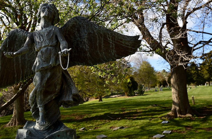 (Scott Sommerdorf | The Salt Lake Tribune)
The Christmas Box Angel at the Salt Lake City Cemetery, Friday, April 13, 2018. The cemetery is historic, beloved by relatives, neighbors, nature and recreation lovers -- and needs about $27 million in repairs, improvements and financial aid. The city is reviewing a master plan to make fixes and improvements. 
