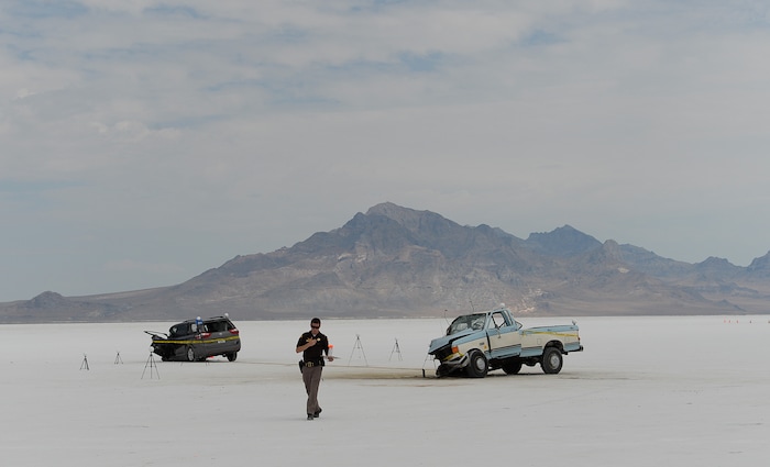 (Francisco Kjolseth | The Salt Lake Tribune) Utah's Bonneville Salt Flats turned deadly on the sidelines of Speed Week following a head-on collision between two vehicles carrying support crew traveling between the pits and the entrance to the salt along the access road on Wednesday, Aug. 16, 2017. One person was killed and five injured, all of whom were said to be members of support crews for racing drivers.