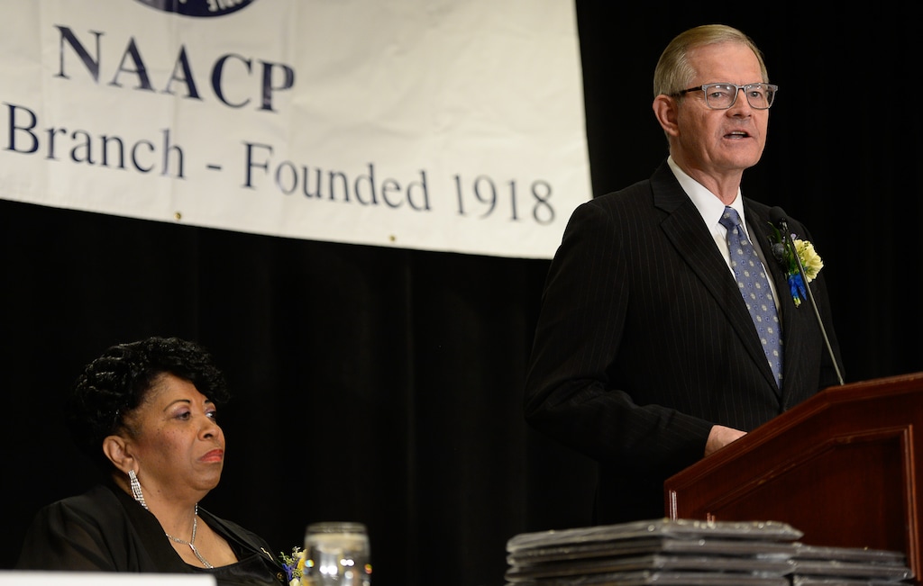 (Francisco Kjolseth  |  The Salt Lake Tribune) Elder Gary E. Stevenson, Quorum of the Twelve Apostles of The Church of Jesus Christ of Latter-day Saints, gives the keynote address during the Martin Luther King Jr. Memorial Luncheon at Little America Hotel on Monday, Jan. 20, 2020, alongside Jeanetta Williams, president of the NAACP Salt Lake Branch.