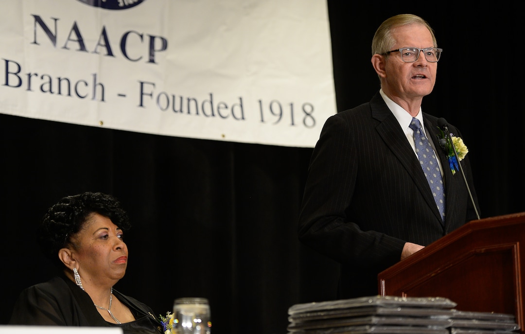 (Francisco Kjolseth  |  The Salt Lake Tribune) Elder Gary E. Stevenson, Quorum of the Twelve Apostles of The Church of Jesus Christ of Latter-day Saints, gives the key note address during the Dr. Martin Luther King Jr. Memorial Luncheon at Little America Hotel on Monday, Jan. 20, 2020, alongside Jeanetta Williams, President of the NAACP Salt Lake Branch.