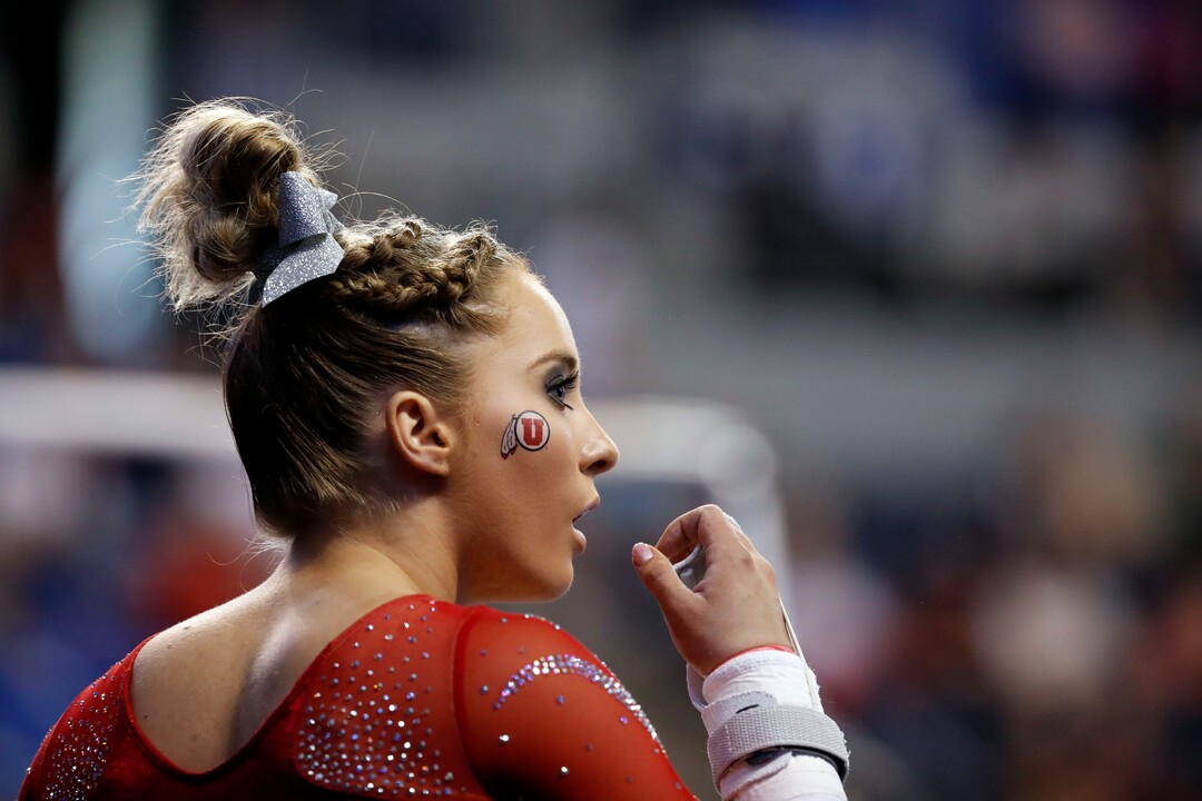 Utah's MyKayla Skinner prepares before competing on the uneven parallel bars during the NCAA women's gymnastics championships Friday, April 14, 2017, in St. Louis. (AP Photo/Jeff Roberson)