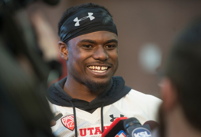 (Rick Egan  |  The Salt Lake Tribune)   Returning starting quarterback Tyler Huntley talks to the media on the first day of Spring practice, Monday, March 5, 2018.


