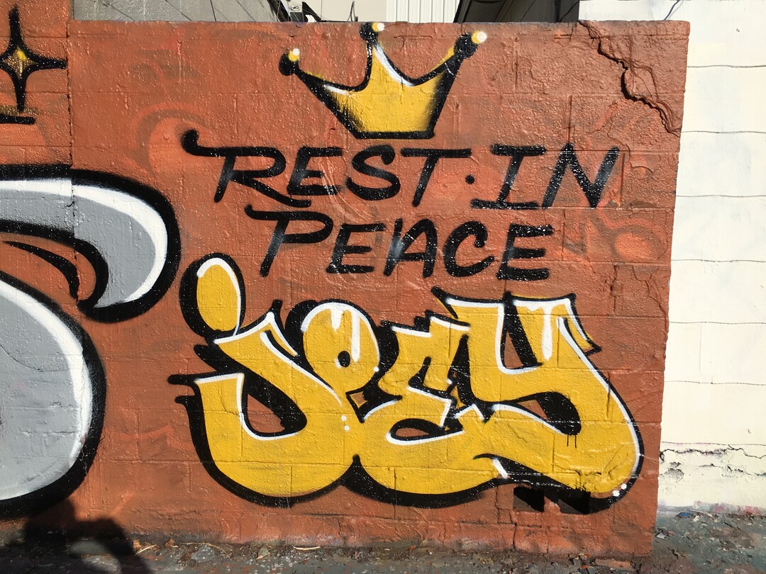 A graffiti tribute to Joey Kirk, who was killed by a TRAX train in November 2017, appears on the wall of a building on the corner of 700 West and Genesee Ave. in Salt Lake City.