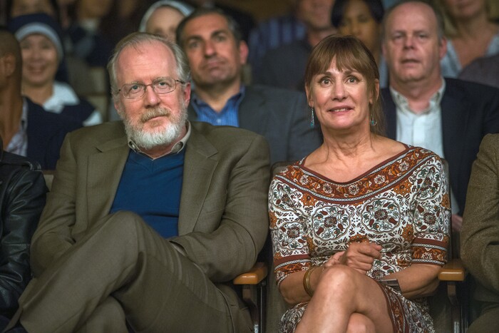 This image released by A24 Films shows Tracy Letts, left, and Laurie Metcalf in a scene from "Lady Bird." (Merie Wallace/A24 via AP)