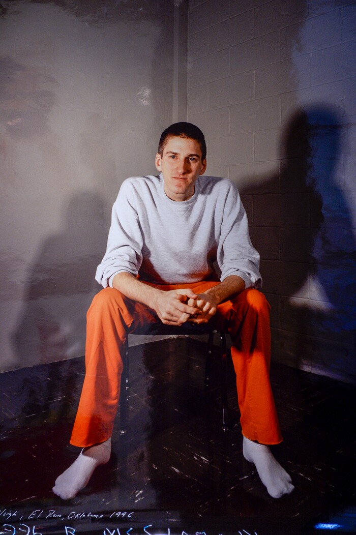 Leah Hogsten  |  The Salt Lake Tribune  "The day I photographed [Timothy] McVeigh left me even more baffled and saddened. I found him to be intelligent and upbeat and utterly remorseless," wrote freelance photographer Robbie McClaran in his artist statement
regarding McVeigh who bombed the Alfred P. Murrah Federal Building in Oklahoma City in 1996. This photograph and others McClaran made are on display at the exhibit, "Speaking Volumes: Transforming Hate," opening Friday, June 15 at the Ogden Union Station Museum. The exhibit showcases 30 artists who transformed white-supremacist books into uplifting works of art.