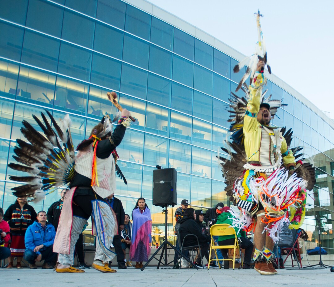 (Rick Egan  |  The Salt Lake Tribune)  Mason Runsthrough, and Carl Moore, perform during an Indigenous Peoples Day celebration, hosted by the Utah League of Native American Voters and PANDOS (Peaceful Advocates for Native Dialogue and Organizing Support) at the Salt Lake City Library, Monday, October 9, 2017.