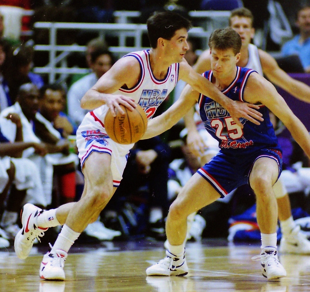 (Steve Griffin | Tribune file photo) John Stockton (12) drives with the ball as Mark Price (25) defends during the 1993 All-Star Game at the Delta Center in Salt Lake City, Sunday, Feb. 21, 1993.