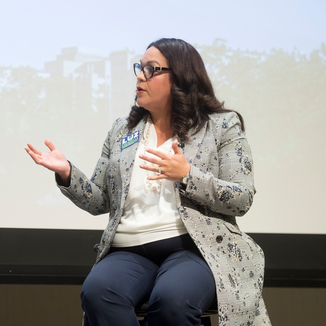(Jeremy Harmon  |  The Salt Lake Tribune) Salt Lake mayoral candidate Luz Escamilla makes a point during a debate with Erin Mendenhall on Monday, Oct. 14, 2019.