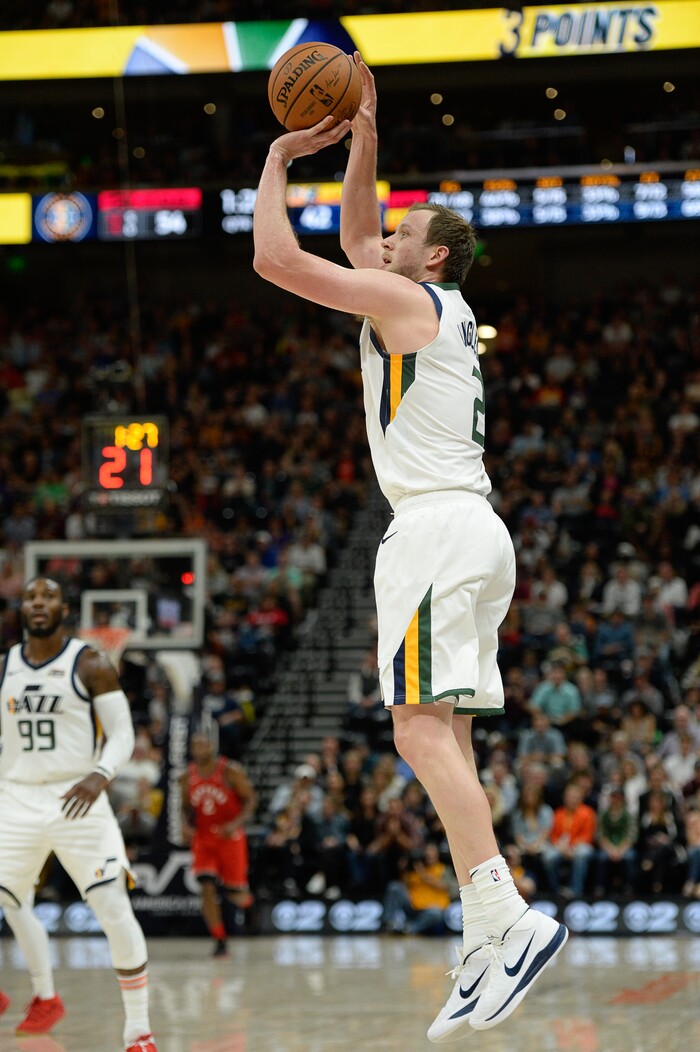 (Francisco Kjolseth  |  The Salt Lake Tribune)  Utah Jazz forward Joe Ingles (2) shoots a three-pointer over the Raptors in the first half of the preseason NBA game at Vivint Smart Home Arena Tuesday, Oct. 2, 2018, in Salt Lake City.