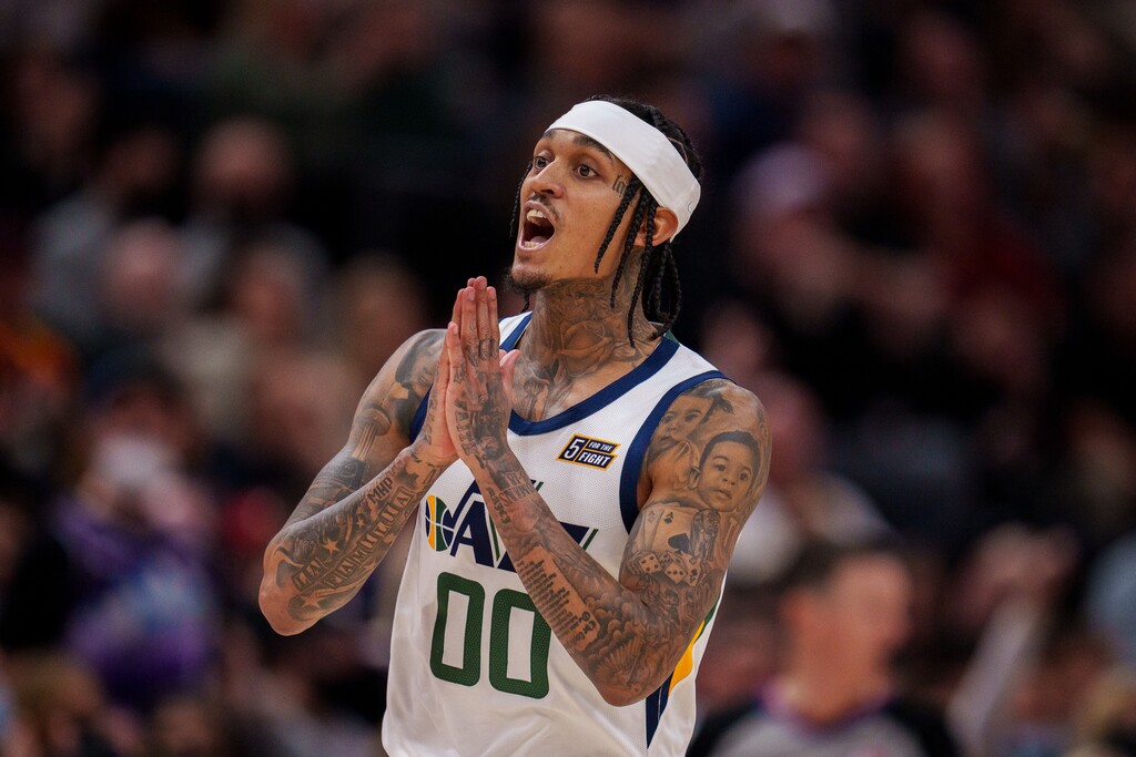 (Trent Nelson  |  The Salt Lake Tribune) Utah Jazz guard Jordan Clarkson (00) celebrates a three-pointer as the Utah Jazz host the Charlotte Hornets, NBA basketball in Salt Lake City on Monday, Dec. 20, 2021.