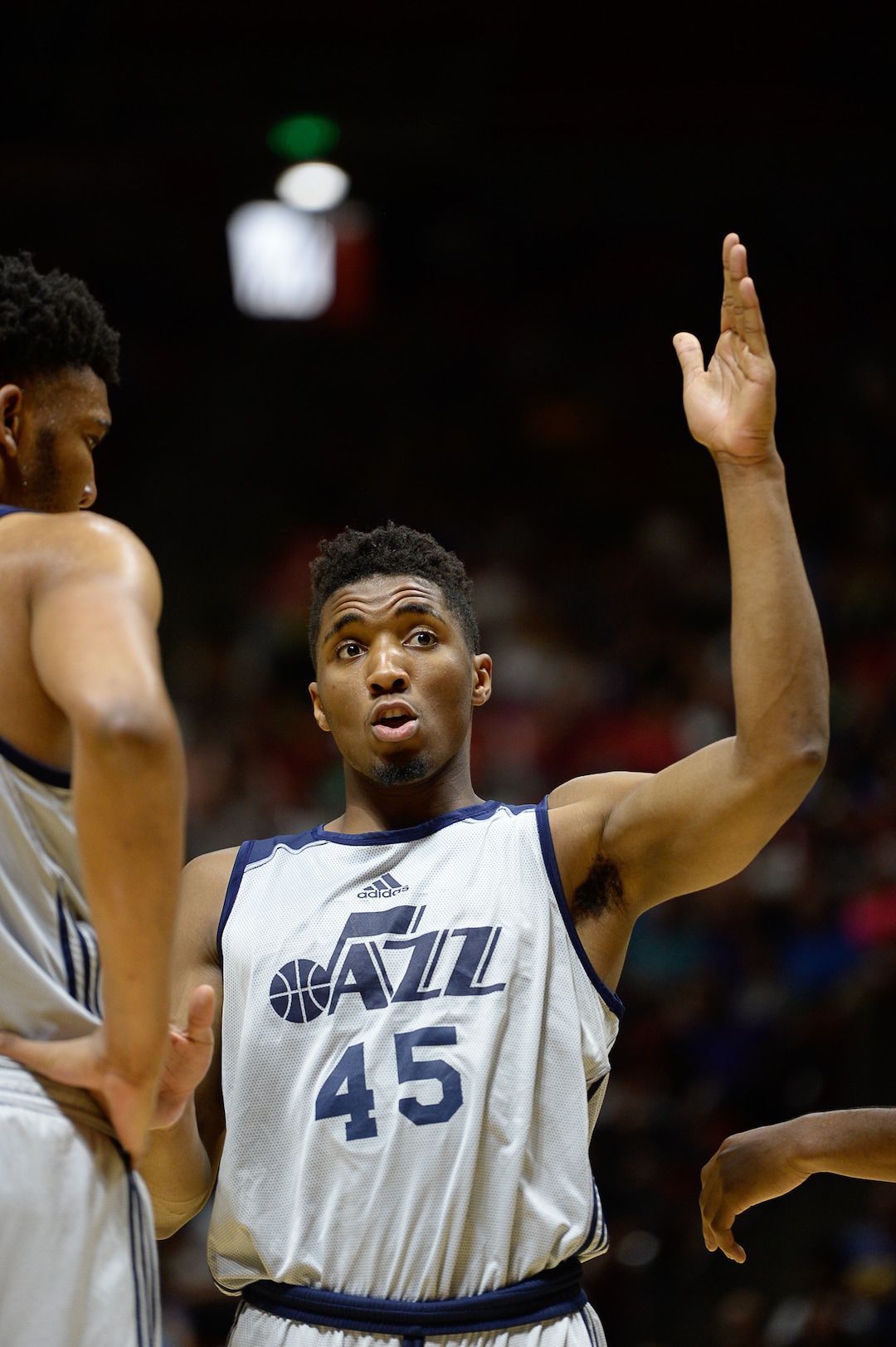 Francisco Kjolseth | The Salt Lake TribuneDonovan Mitchell of the Utah Jazz talks with teammates as they take on the Boston Celtics during the NBA Summer league basketball game at the Huntsman Center, July 6, 2017, in Salt Lake City.