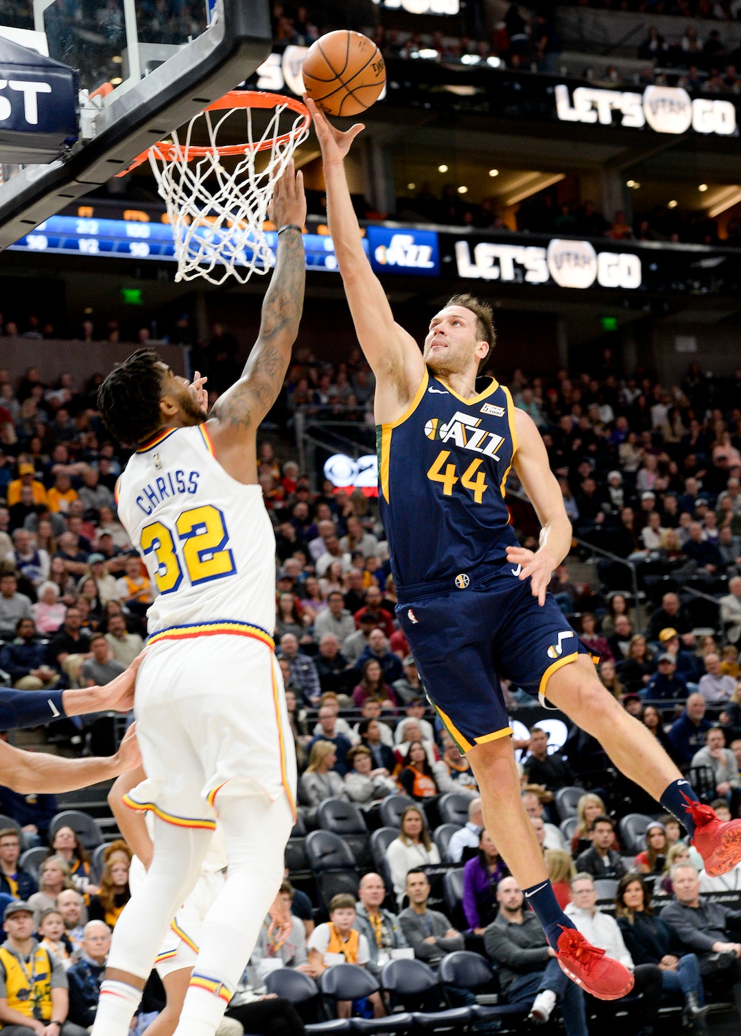 (Leah Hogsten  |  The Salt Lake Tribune) Utah Jazz forward Bojan Bogdanovic (44) hits the net as the Utah Jazz host the Golden State Warriors, Dec. 13, 2019 at Vivint Arena.
