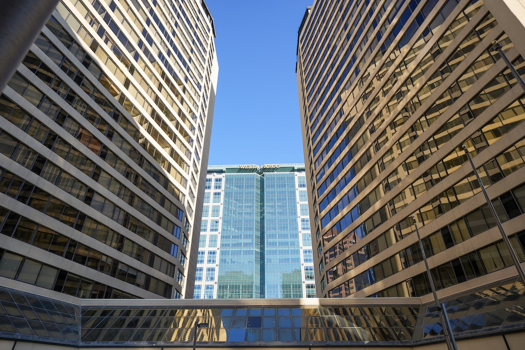 (Chris Samuels | The Salt Lake Tribune) The Wells Fargo Building framed by the American Towers Condos in Salt Lake City, Friday, Nov. 17, 2023.