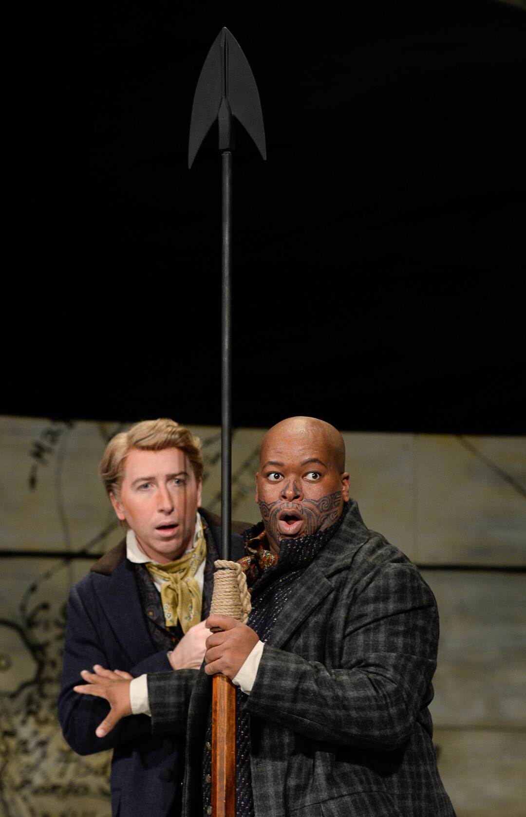 (Francisco Kjolseth  |  The Salt Lake Tribune)  Stars Joshua Dennis as Greenhorn, left, and Musa Ngqungwana as Queequeg act out scenes from Utah Opera's upcoming "Moby-Dick" at the Capitol Theatre for the 21st-century opera by Jake Heggie based on the classic novel by Herman Melville.