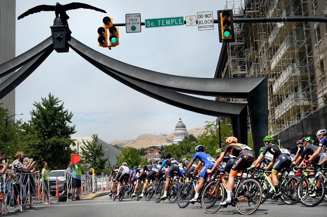 (Scott Sommerdorf   |  The Salt Lake Tribune)   Riders make the turn onto State Street and head toward the uphill climb to the Capitol. Robert Britton is the winner of the 2017 Tour of Utah, Sunday, August 6, 2017.