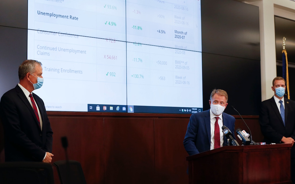 (Laura Seitz | Deseret News, pool) Rich Saunders, executive director at Utah Department of Health, speaks about Utah's new unified response scorecard depicting where Utah stands on pandemic goals at the Emergency Operations Center at the Capitol on Thursday, Sept. 10, 2020.