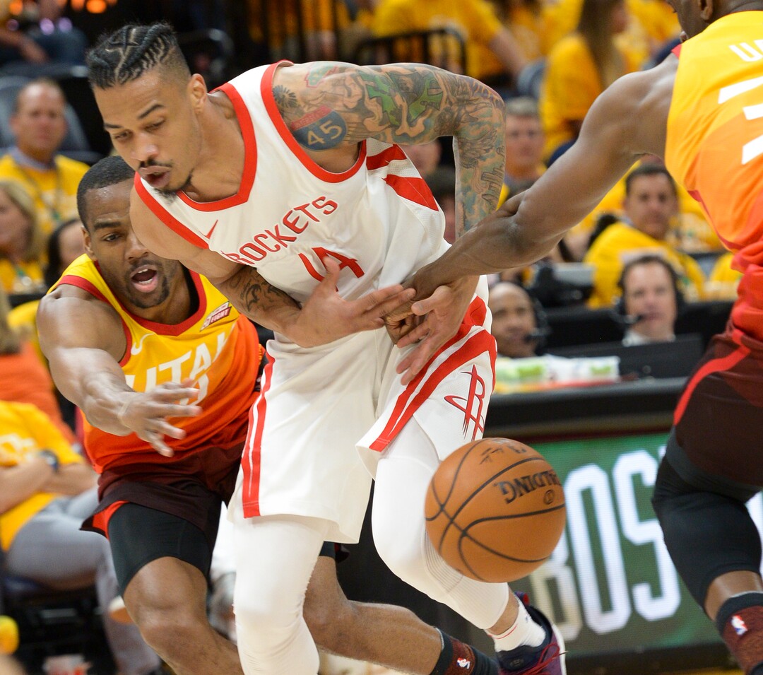 (Leah Hogsten  |  The Salt Lake Tribune)  Utah Jazz guard Alec Burks (10) and Utah Jazz center Ekpe Udoh (33) pressure Houston Rockets guard Gerald Green (14) for a turnover.  The Houston Rockets defeated the Utah Jazz 113-92 in Game 3 of an NBA basketball second-round playoff series Friday, May 4, 2018 in Salt Lake City.