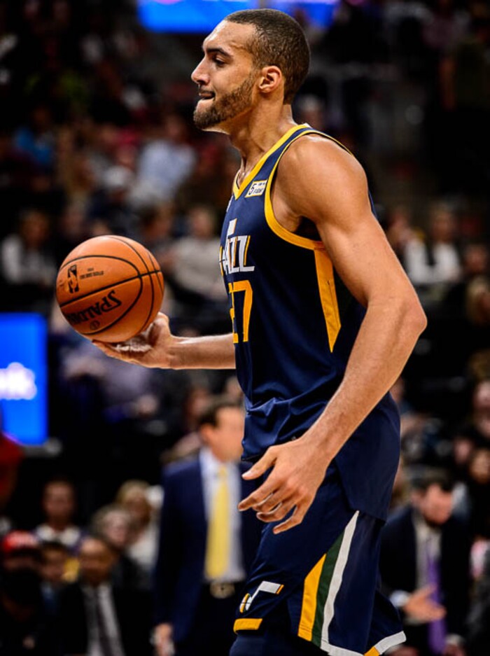 (Trent Nelson | The Salt Lake Tribune)
Utah Jazz center Rudy Gobert (27) prepares to slam the ball into the standard. Utah Jazz vs Memphis Grizzlies, NBA basketball in Salt Lake City on Friday Nov. 2, 2018.