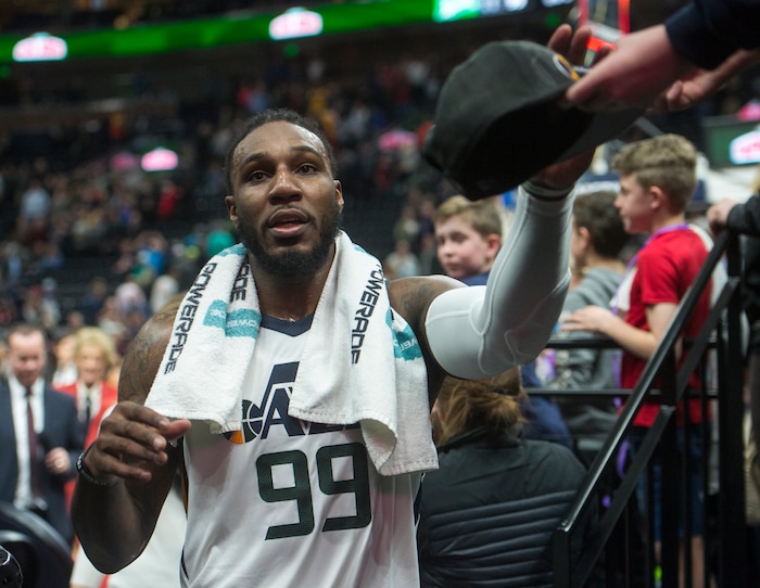 (Rick Egan  |  The Salt Lake Tribune)  Utah Jazz forward Jae Crowder (99) heads to the locker room after the Jazz defeated the Spurs 101-99, in NBA action in Salt Lake City, Monday, February 12, 2018.