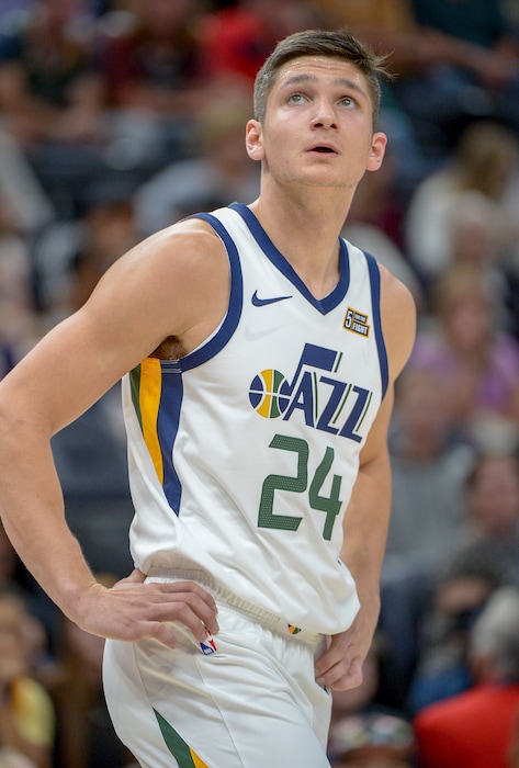 Leah Hogsten  |  The Salt Lake Tribune  Utah Jazz guard Grayson Allen (24) had 14 points and 3 rebounds in the first half as the Utah Jazz host the Perth Wildcats, Sept. 29, 2018 at Vinvint Smart Home Arena. 