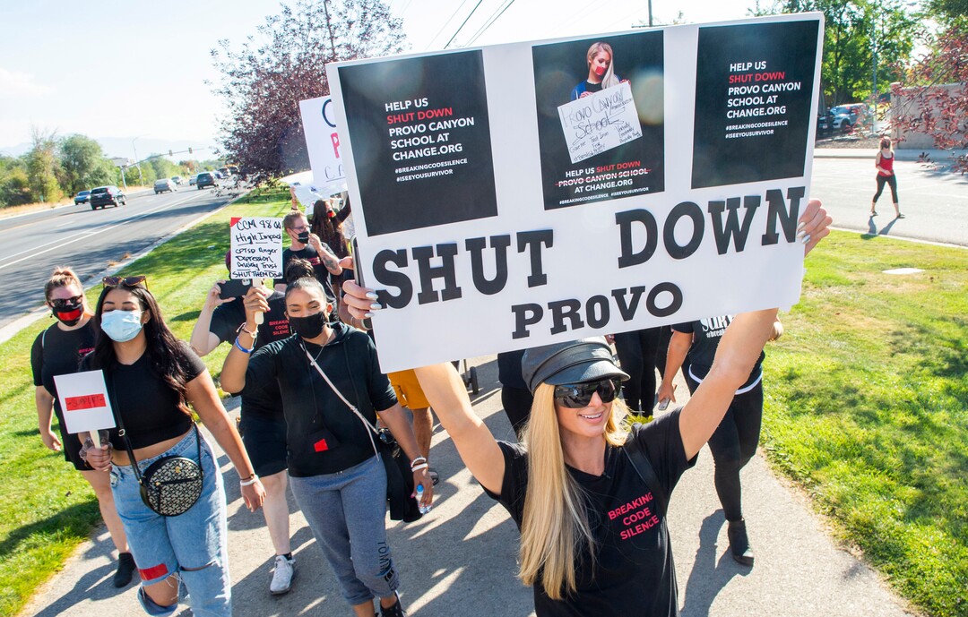 (Rick Egan  |  The Salt Lake Tribune)    Paris Hilton leads a march to the Provo Canyon School, during a rally calling for the closure of Provo Canyon School, a residential treatment center in Utah she attended when she was a teen, on Friday, Oct. 9, 2020.