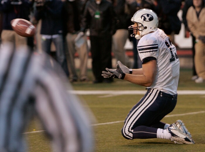 Brigham Young tight end Jonny Harline (13) waits for the ball to score the winning touchdown against Utah during the fourth quarter of their college football game Saturday, Nov. 25, 2006, in Salt Lake City. BYU beat Utah, 33-31. (AP Photo/Douglas C. Pizac)