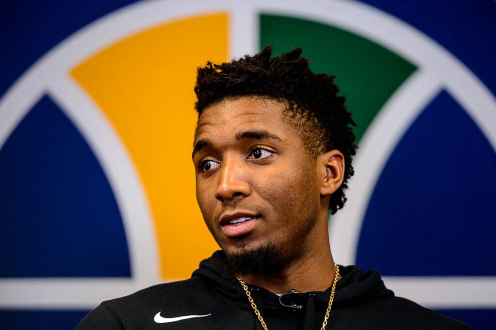 (Trent Nelson | The Salt Lake Tribune)
Donovan Mitchell speaks to students at West High School in Salt Lake City, Tuesday Oct. 9, 2018.