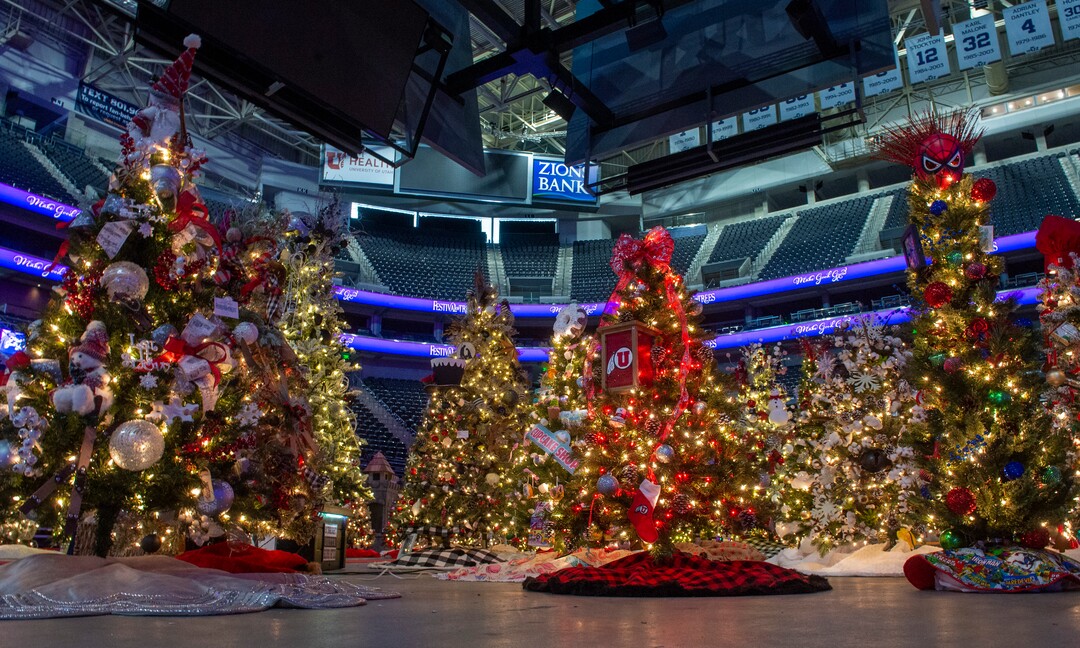 (Rick Egan | The Salt Lake Tribune) Some of the 150 trees that are a part of Festival of Trees, the Utah holiday fund-raiser for Primary Children's Hospital. This year's event, previewed to the media on Monday, Nov. 23, 2020, happens in Vivint Smart Home Arena, but will only be seen by the public online.
