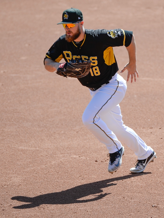 (Francisco Kjolseth  |  The Salt Lake Tribune)  Bees player Jared Walsh plays against the Rainiers during the staging the annual kids day game on Thursday, May 2, 2019 at Smith's Ballpark.