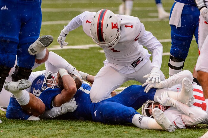 (Trent Nelson | The Salt Lake Tribune)  Bingham's Braedon Wissler (1) is brought down as East faces Bingham in the Class 6A High School State Football Championship game in Salt Lake City, Friday November 17, 2017.
