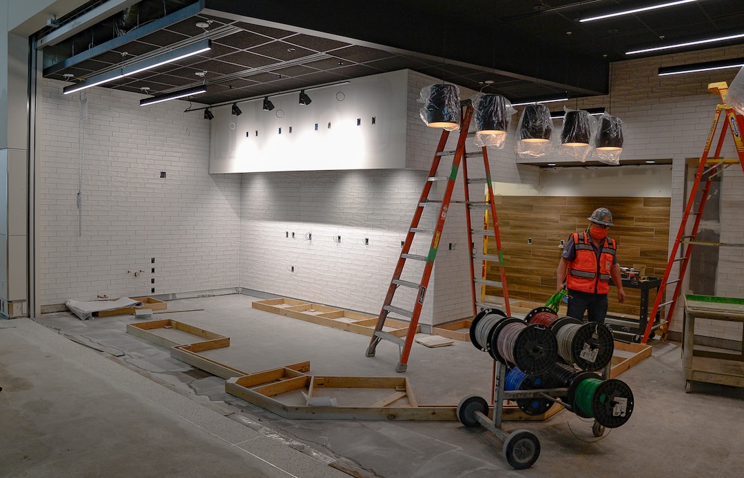 (Francisco Kjolseth  |  The Salt Lake Tribune) A Beans and Brews Coffee House takes shape as crews continue their work in the first phase of construction of the Salt Lake City International Airport on Wednesday, May 20, 2020.