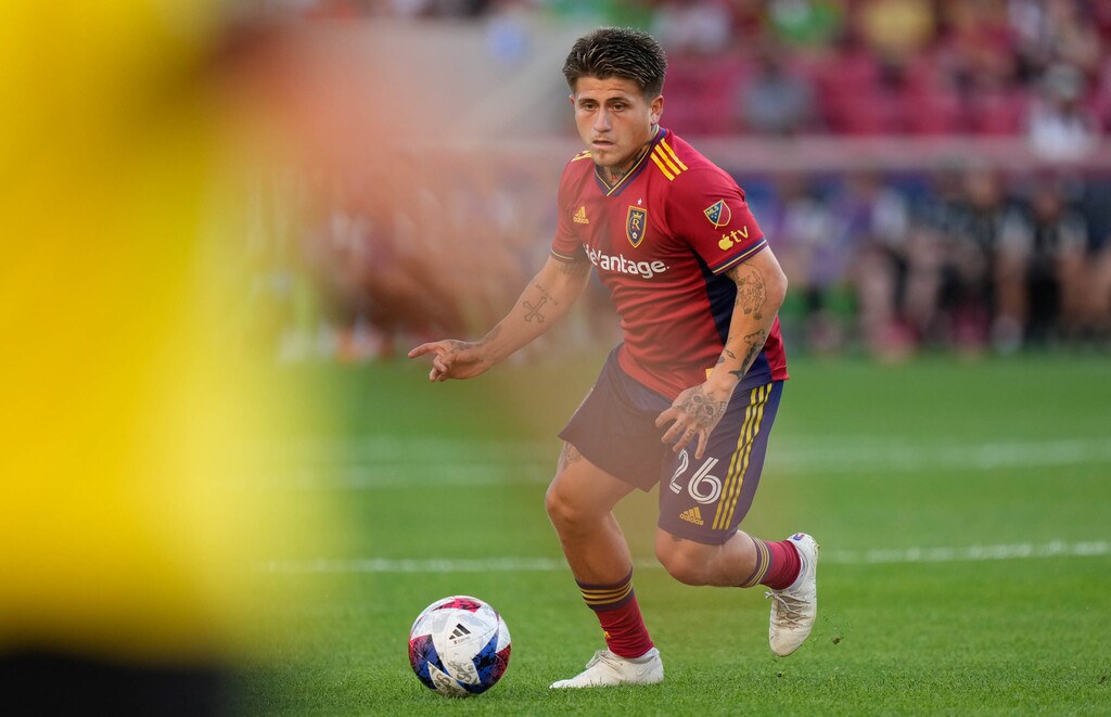 (Francisco Kjolseth | The Salt Lake Tribune) Real Salt Lake midfielder Diego Luna (26) during  the first half of a Leagues Cup soccer matchup agains the Seattle Sounders  Saturday, July 22, 2023, in Sandy, Utah.