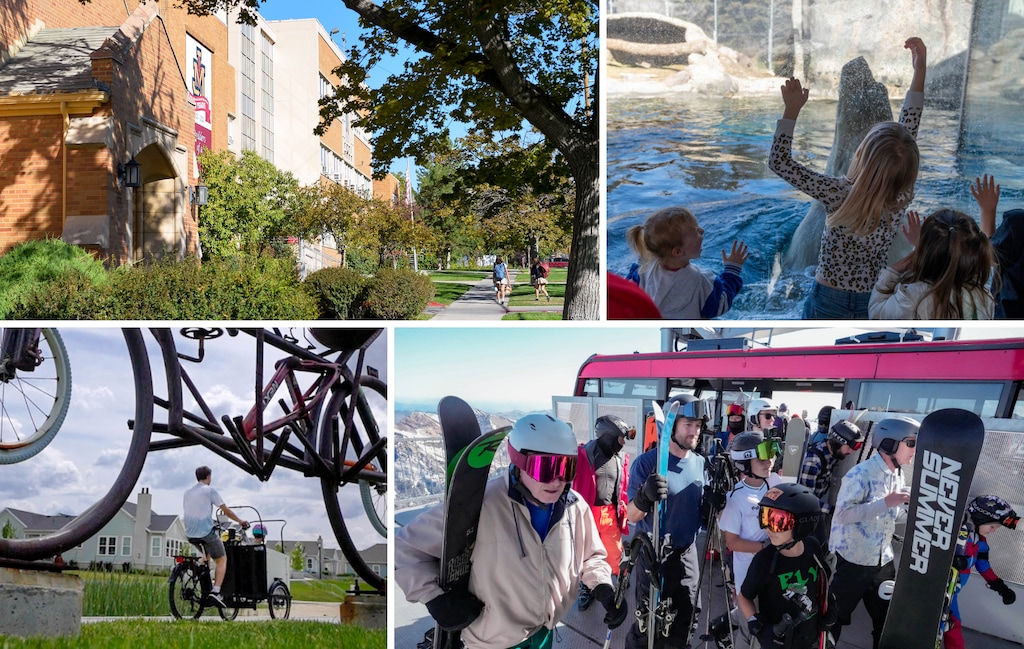 (The Salt Lake Tribune) Activities and items that families have spent money on under the Utah Fits All voucher program, clockwise from top left: tuition at Judge Memorial high school; passes for Salt Lake Connect activities, such as the Hogle Zoo; skiing at Snowbird resort; and bicycles and equipment, shown here in Daybreak.