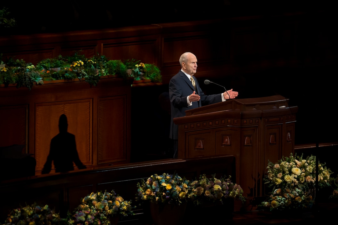 (Jeremy Harmon | The Salt Lake Tribune)  President Russell M. Nelson announces the church will no longer have home teachers or visiting teachers during the Sunday afternoon session of General Conference on April 1, 2018.