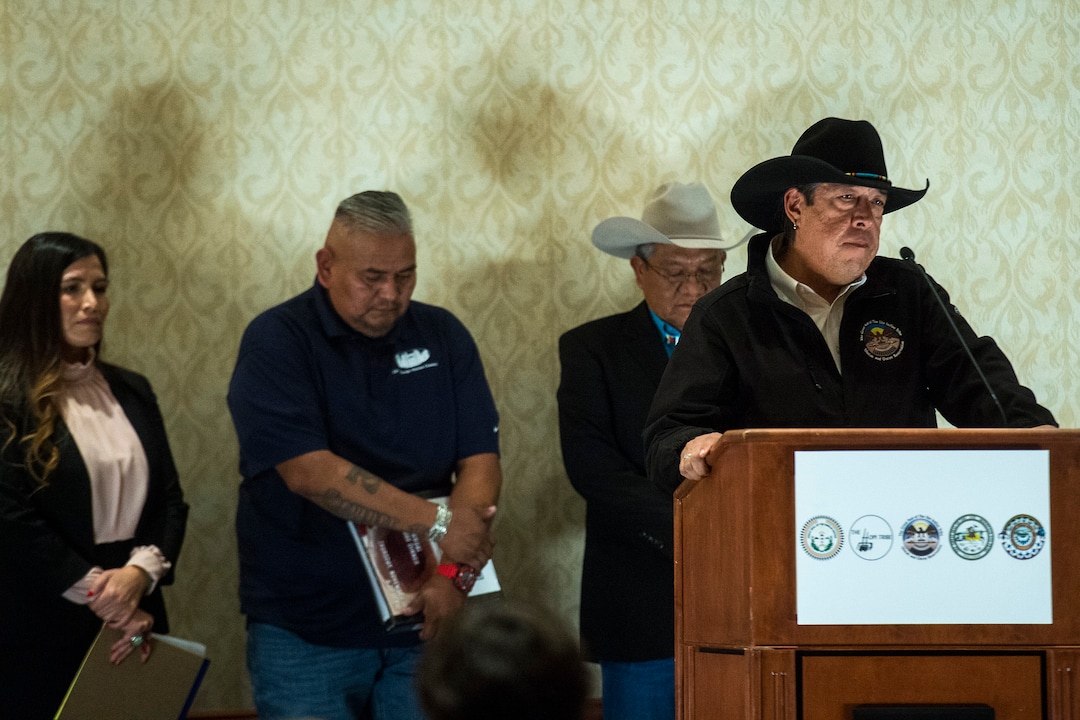(Chris Detrick  |  The Salt Lake Tribune) Shaun Chapoose, Business Committee Member, Ute Indian Tribe, speaks during a press conference at the Salt Lake Marriott City Center Monday, December 4, 2017.  In back is Ethel B. Branch, Attorney General of the Navajo Nation, Davis Filfred, Council Delegate, Navajo Nation, and Harold Cuthair, Chairman of Ute Mountain Ute Tribe.